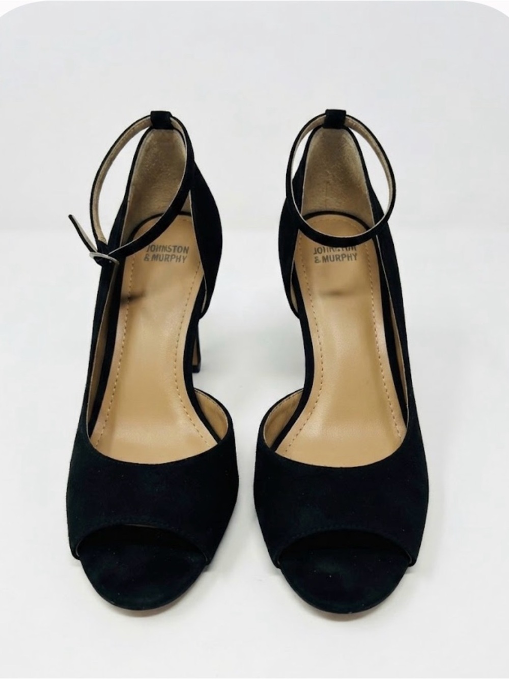 Johnston & Murphy Black Suede Peep-Toe Ankle Strap Heels